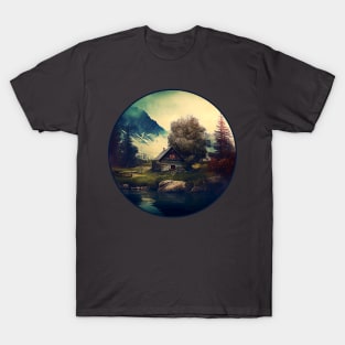 Rustic Lone Cabin in the Mountains Woods with Lake and Trees T-Shirt